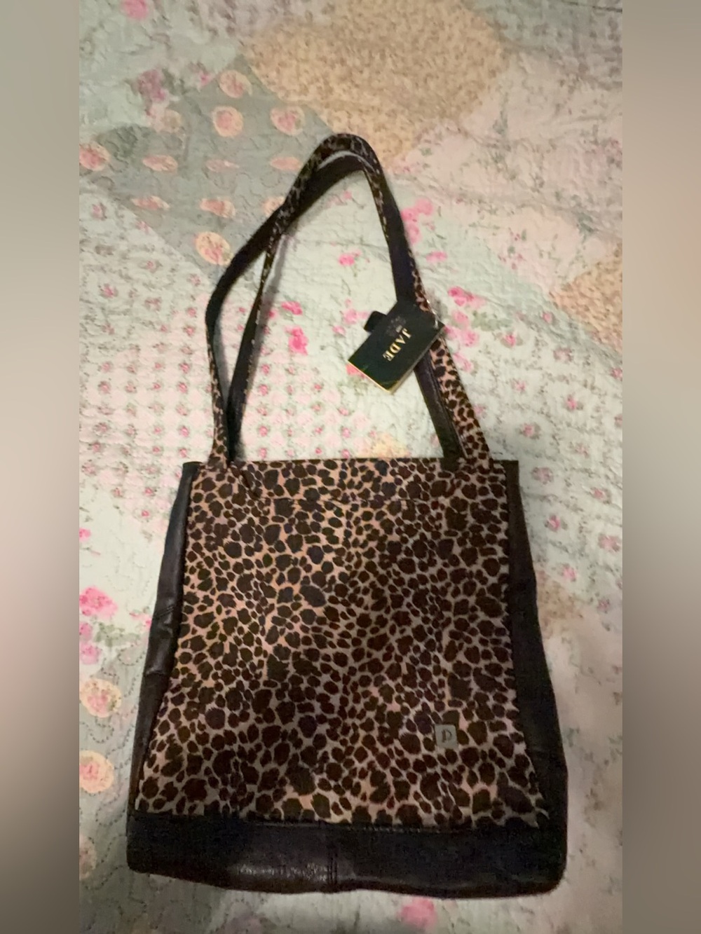 Leopard Print Jade Genuine Leather Tote Bag - Brown/Black